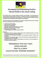 Developing and Maintaining Positive Mental Health for children in the school setting - 24LCSP45 (Facilitator Stephen Hodnett)